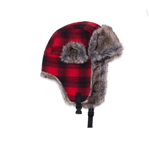Ozark Trail Men's Trapper Hat Red Black Buffalo Plaid Faux Fur New - Picture 2 of 6